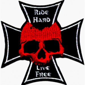 Patch ecusson red skull ride hard live free iron cross